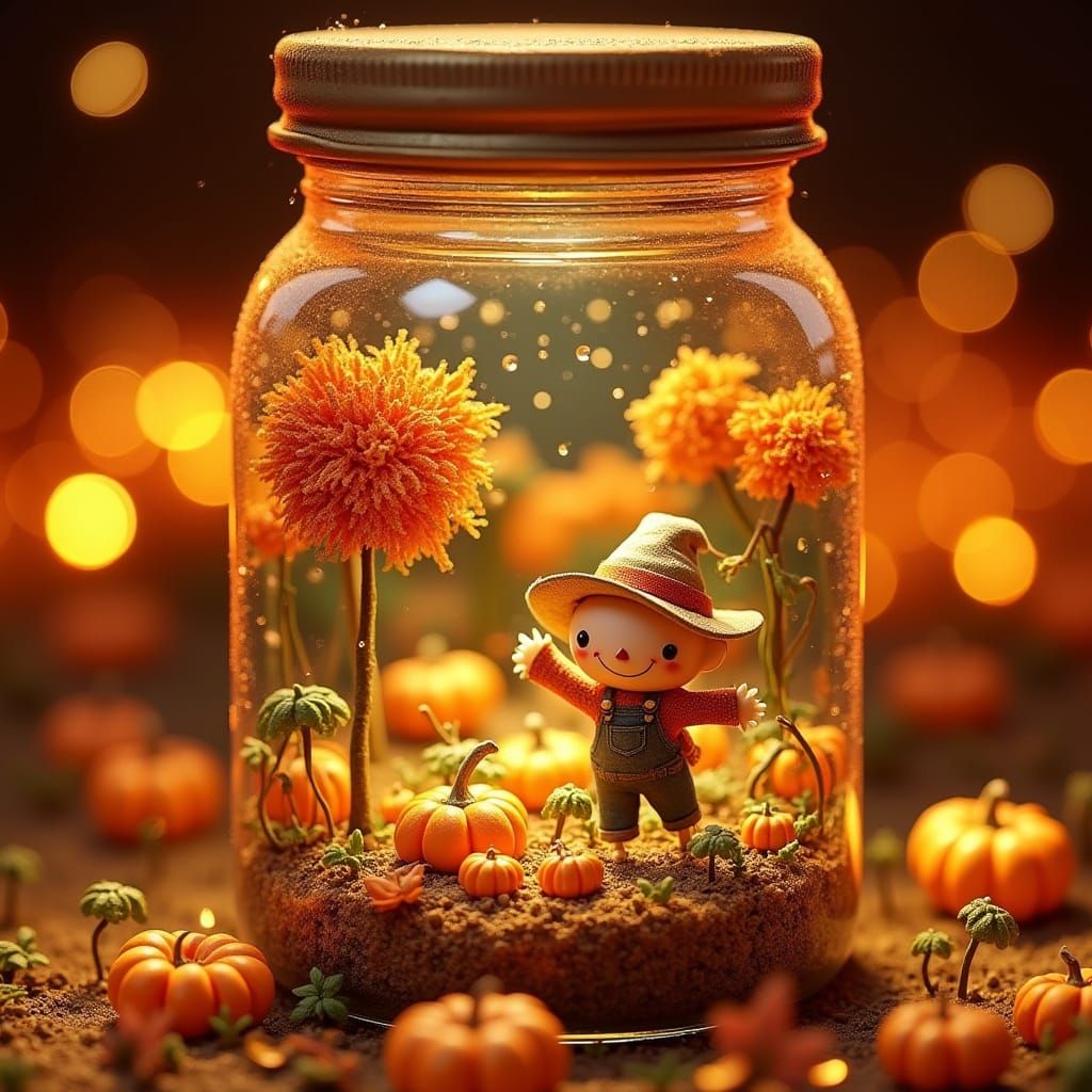 Miniature Autumn Scene in a Jar, Magical Bioluminescent Flor...
