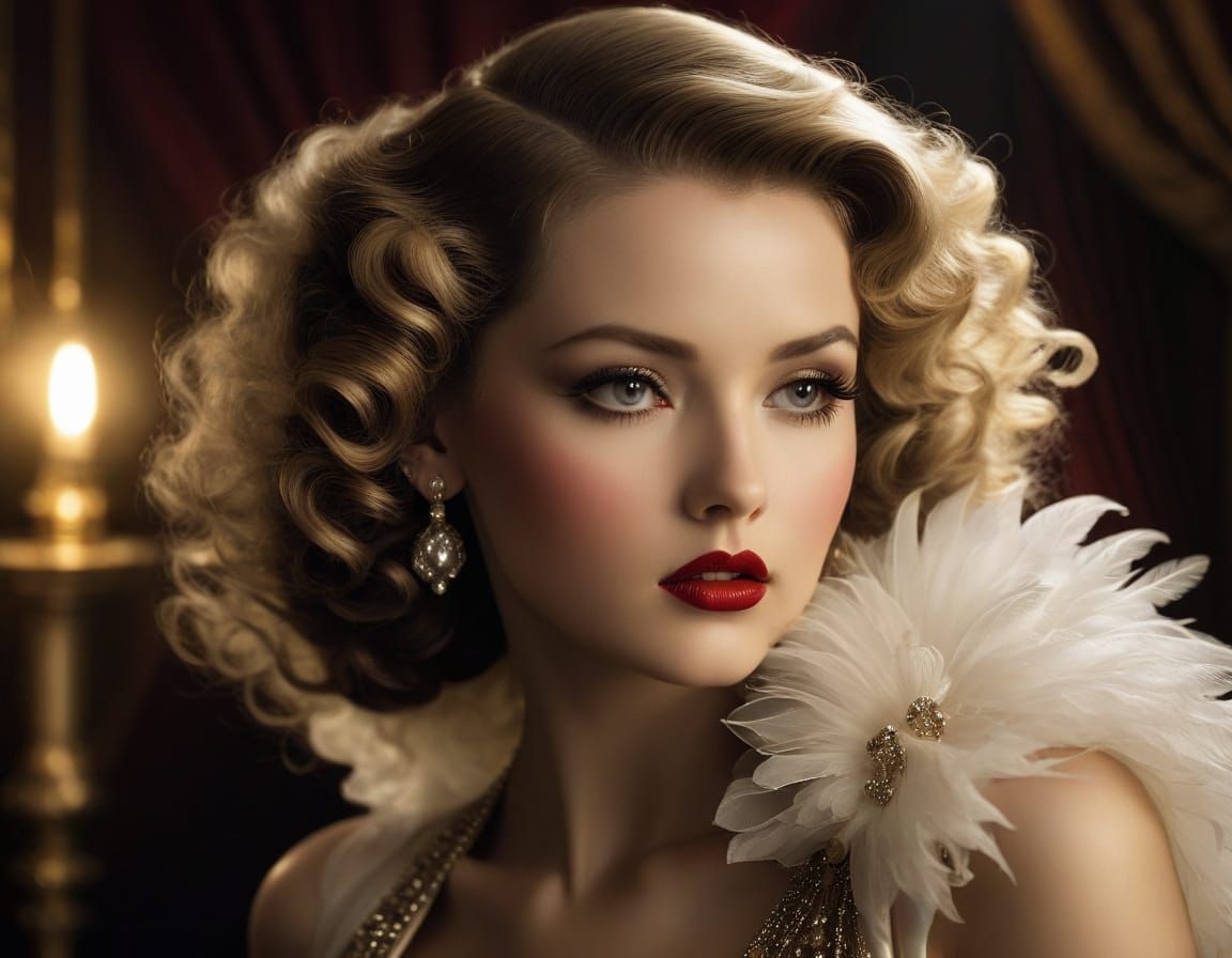 Vintage Hollywood Starlet Portrait in Luxurious Evening Atti...