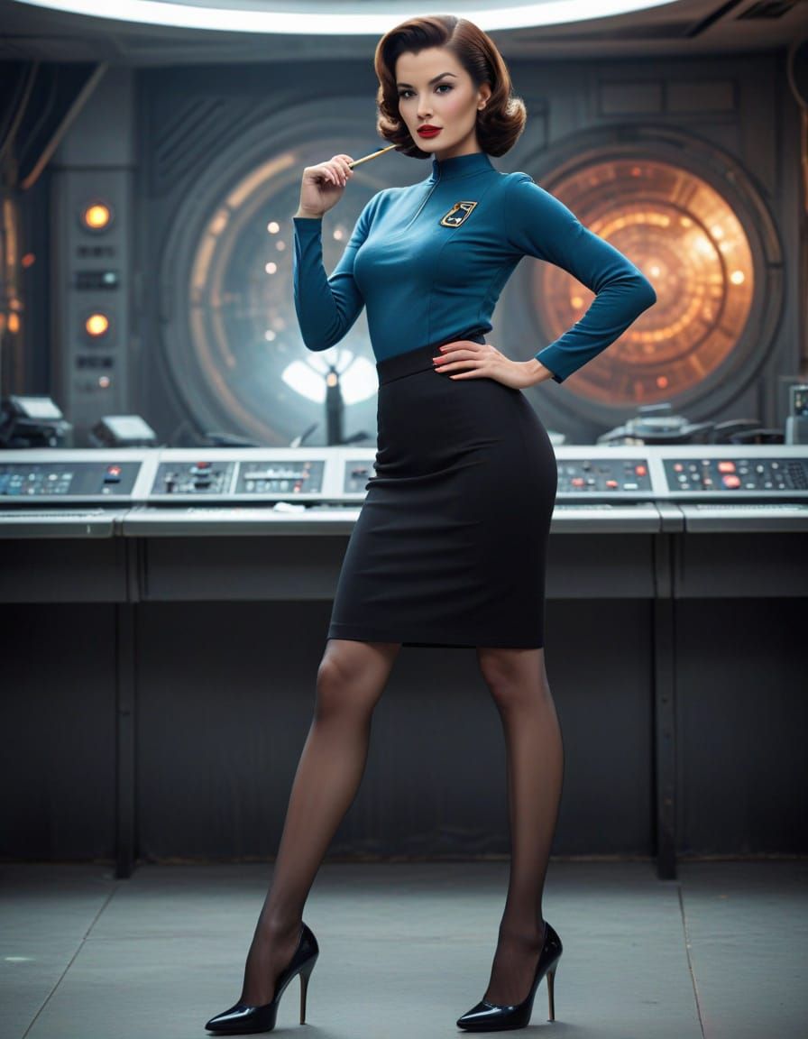 Retro Sci-Fi Pinup Girl in 1960s Futuristic Setting
