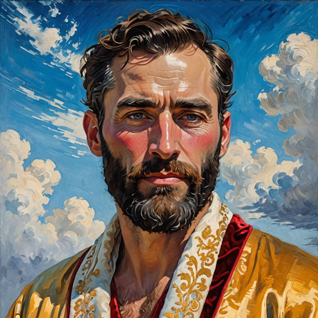 Golden Robe Portrait: Impressionist Impasto Oil Painting
