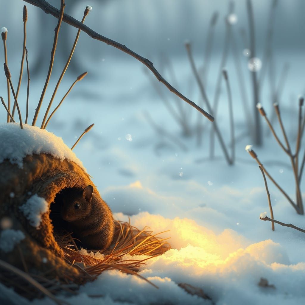 Cozy Field Mouse Snuggles in Winter Burrow