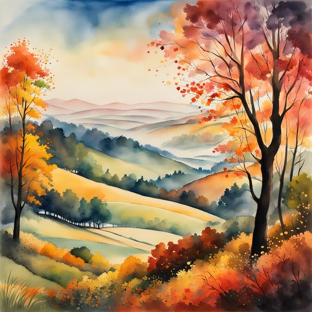 Autumn Hills in Naive Watercolor Painting