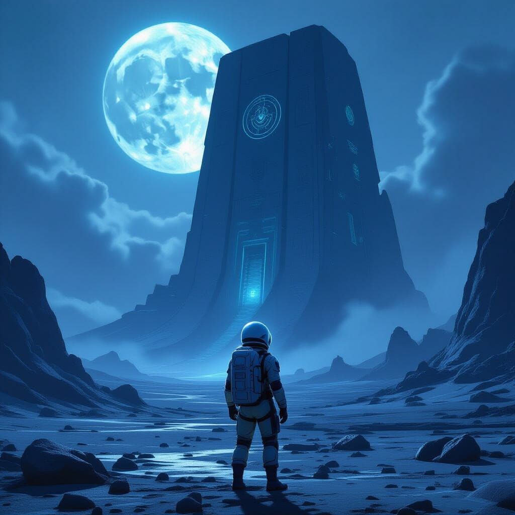 Astronaut on Alien Planet Gazing at Ancient Structure