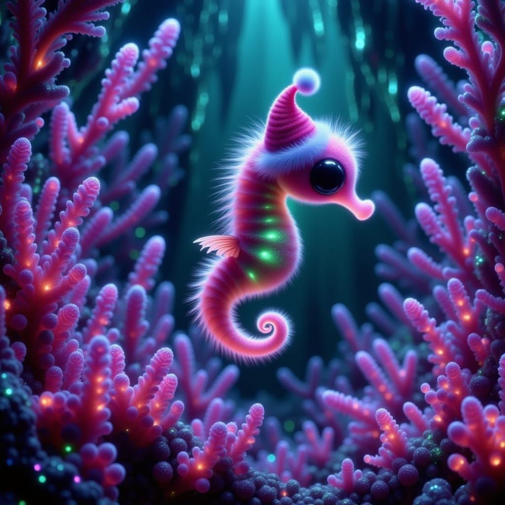 Tiny Iridescent Seahorse in Neon Santa Hat