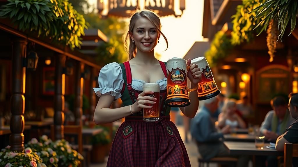 Bavarian Waitress in Beer Garden: Photorealistic 8K
