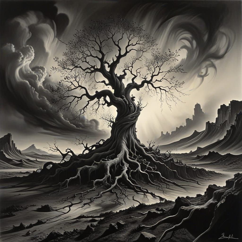 Dreamlike Charcoal Tree in a Moody Landscape