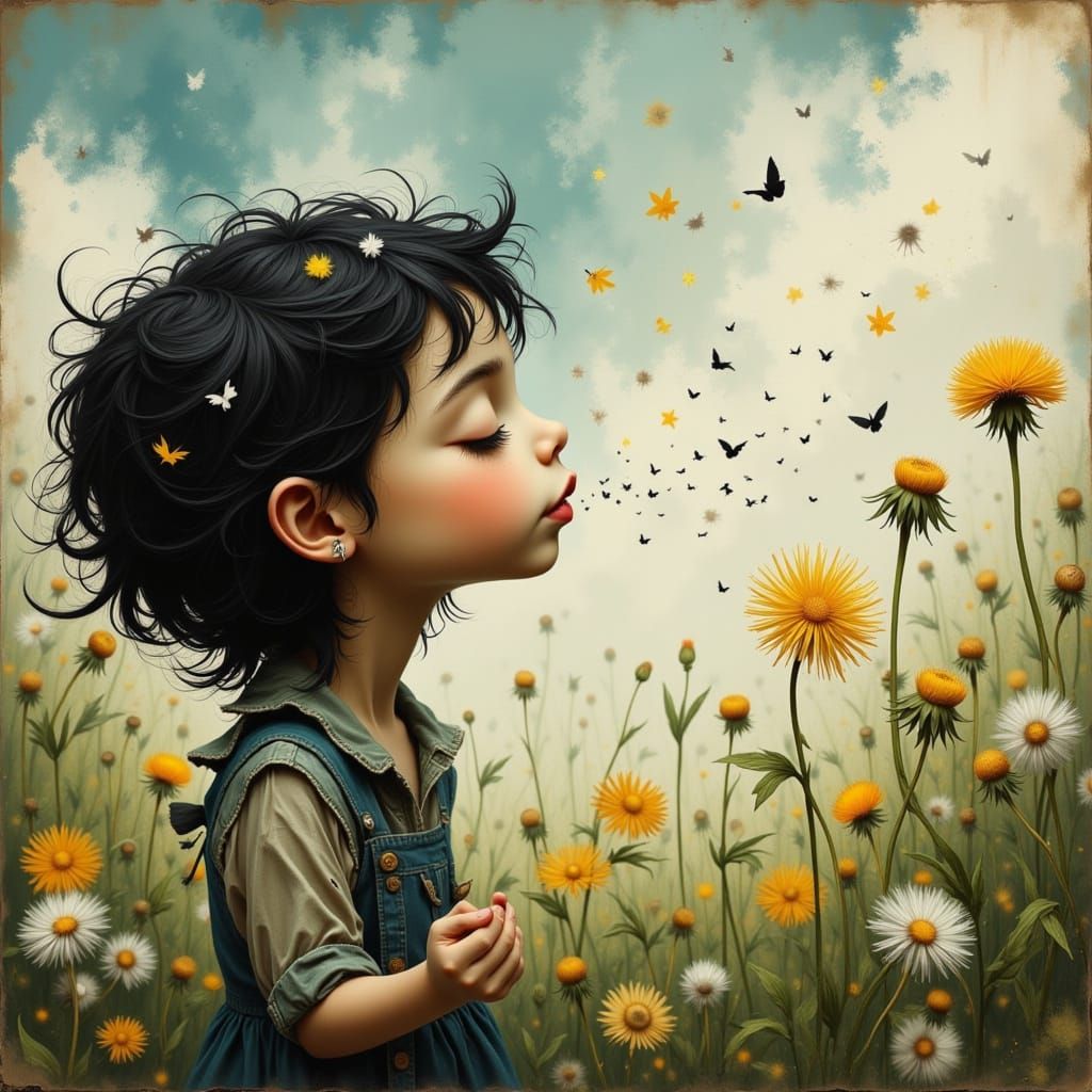 Child Blowing Dandelion Seeds in Whimsical Garden