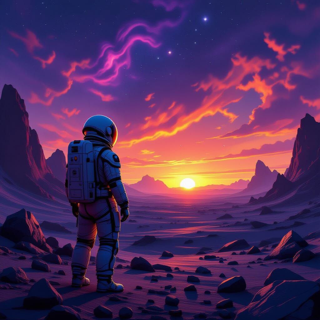 Astronaut Gazes at Binary Sunset on Alien World