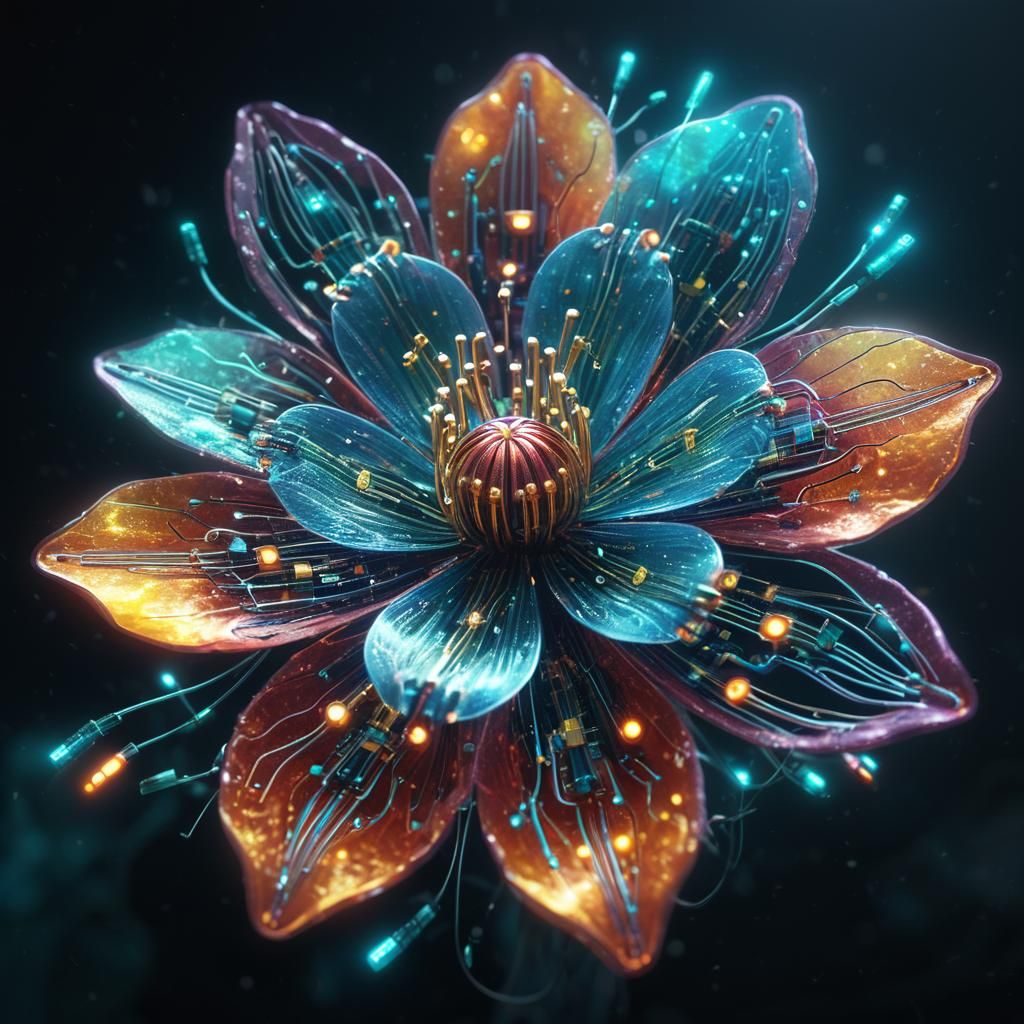 Biopunk Celestial Flower with Micro Circuitry