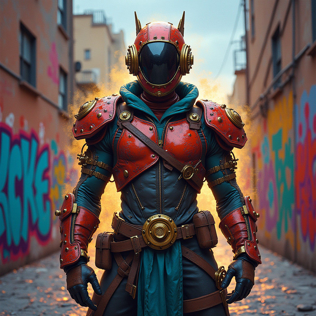 Steampunk Superhero in Graffiti City at Dusk