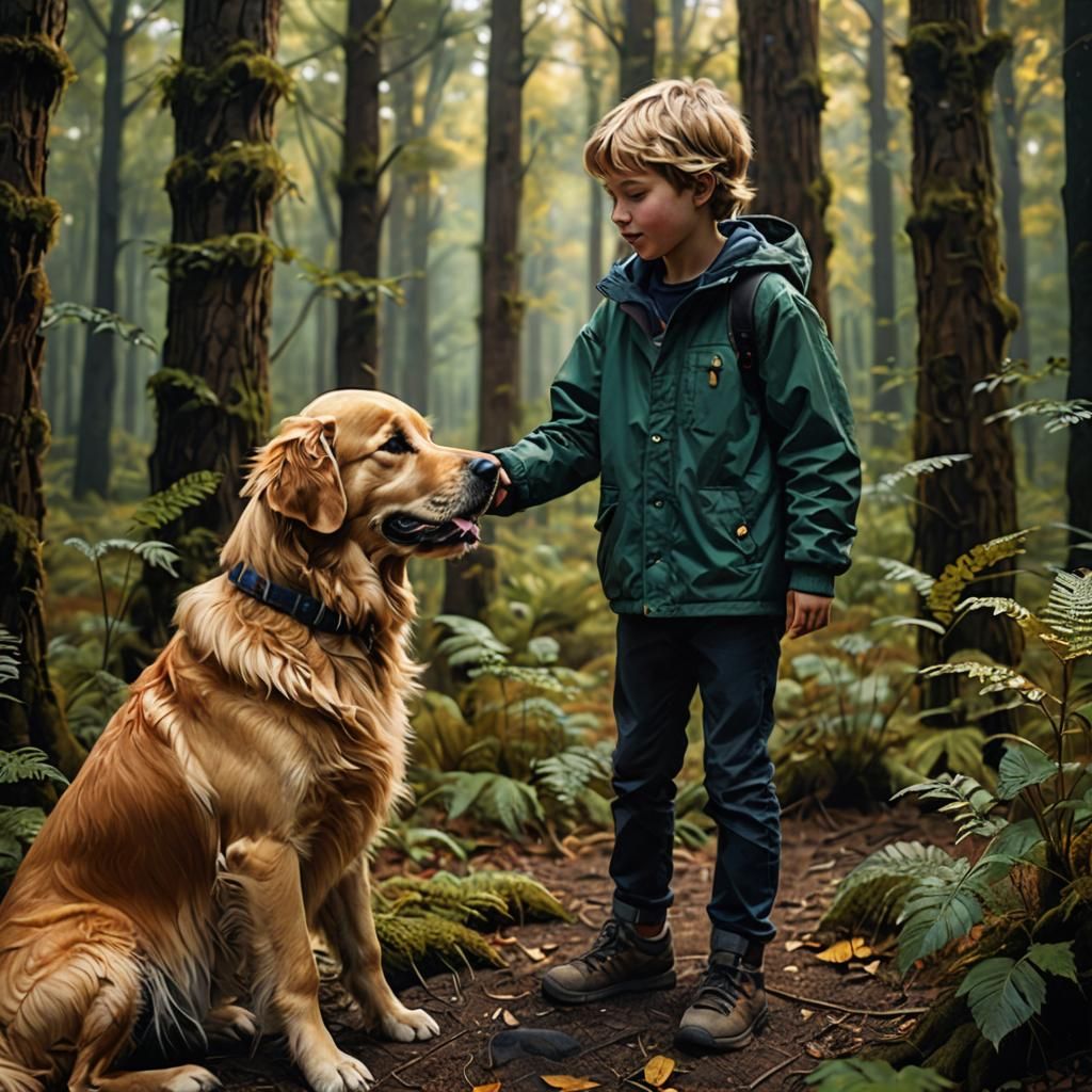 Boy and Golden Retriever in a Colorful Forest