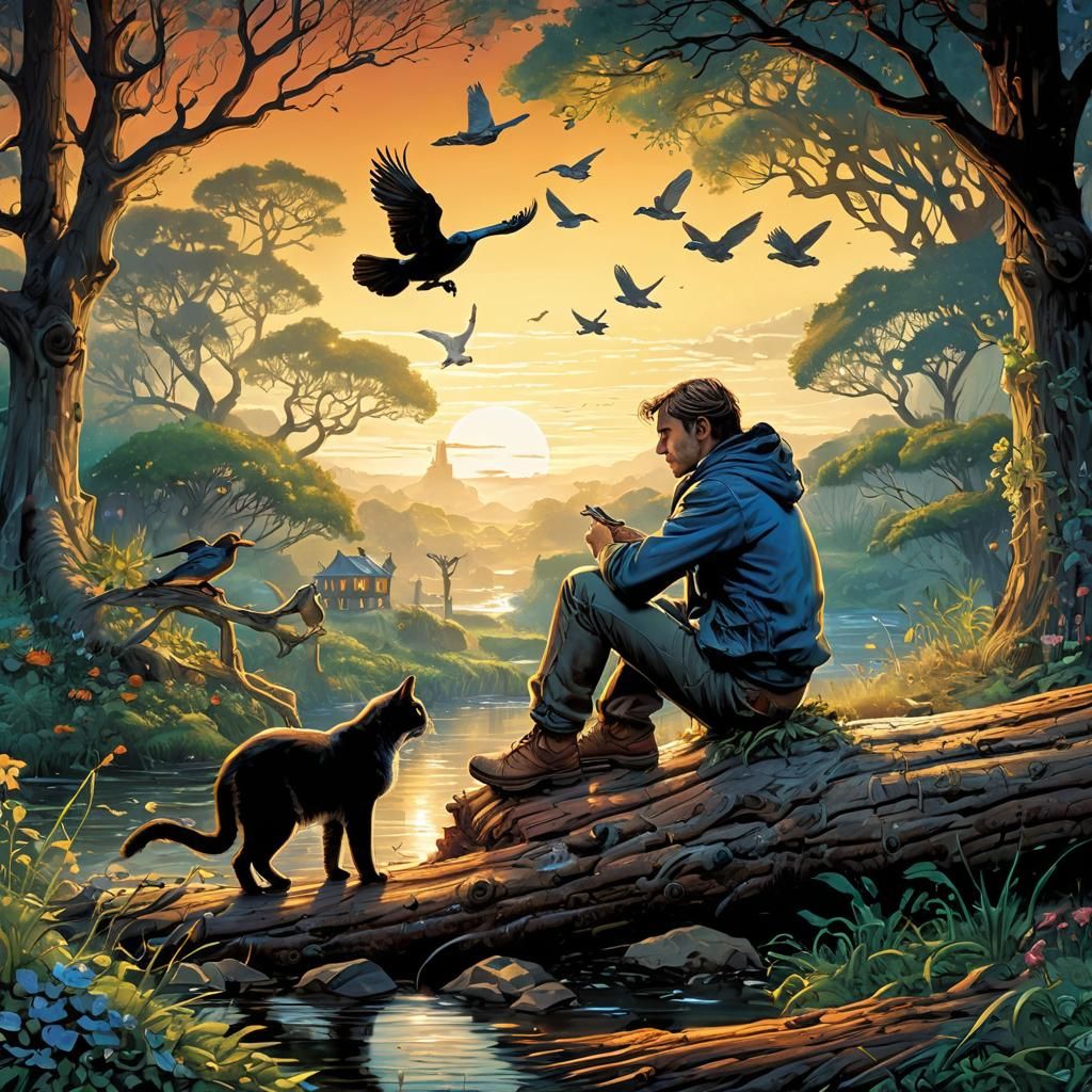 Man, Cat, and Birds: Comic Book Art