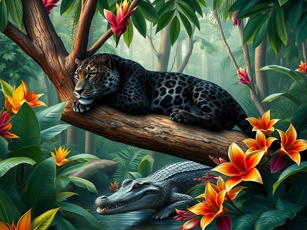 Tropical Forest Scene with Leopard in Fauvist Style