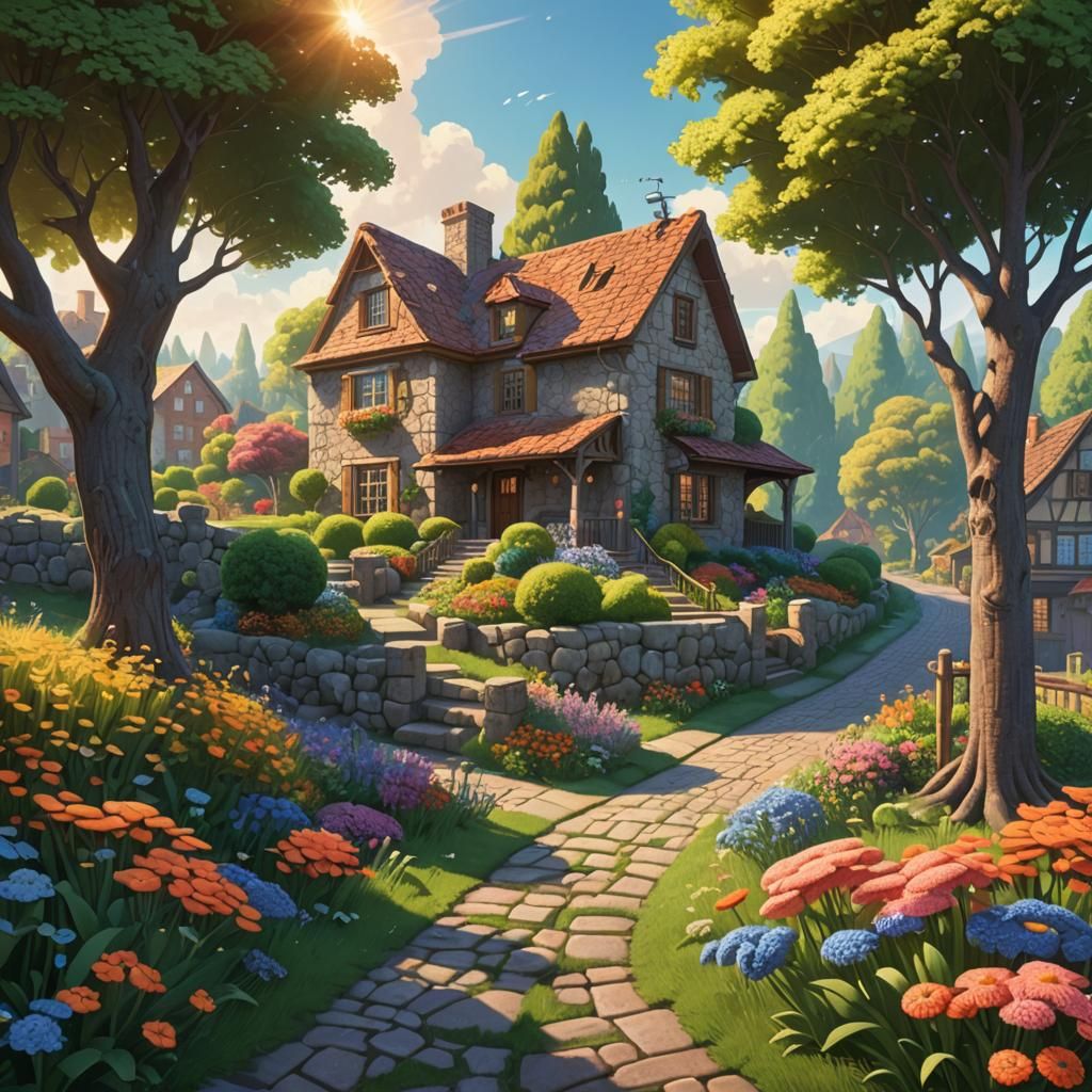 Charming House on a Hill in Pointillism Style