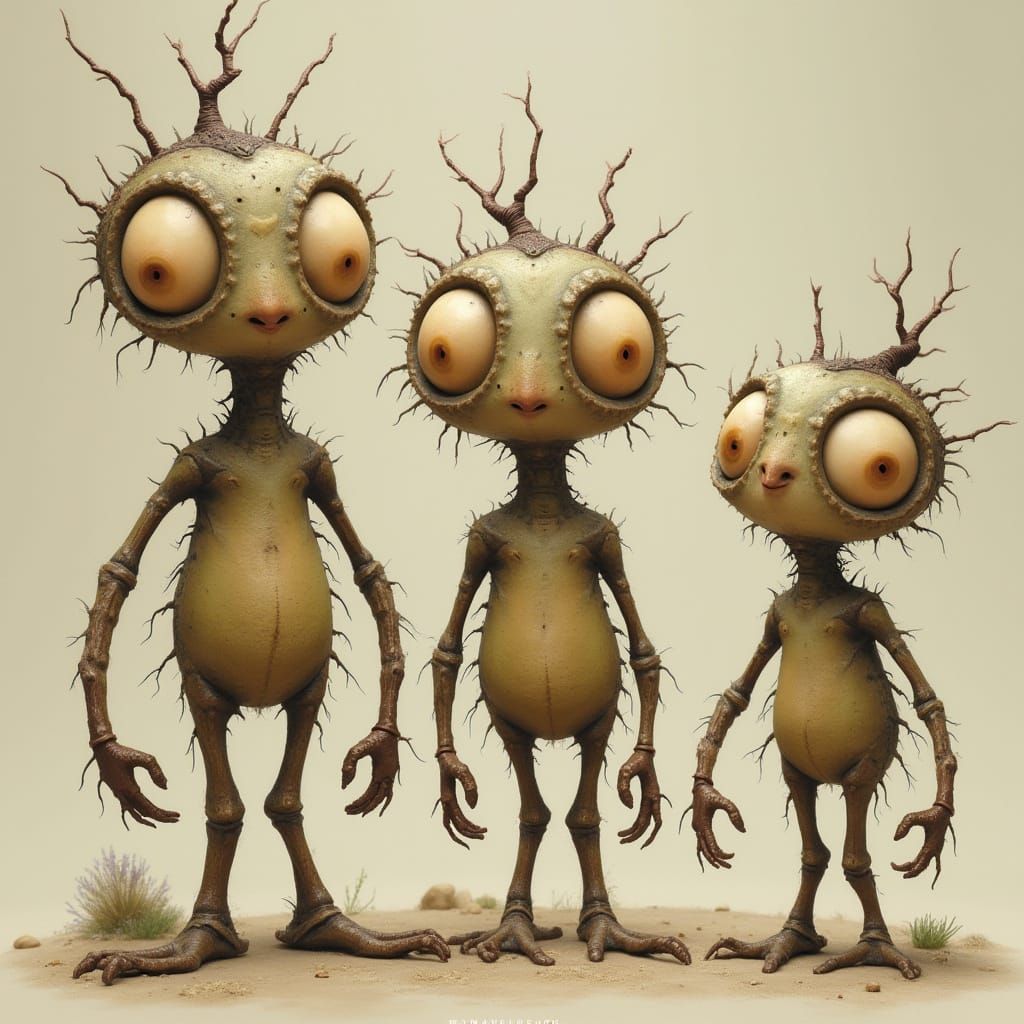 Whimsical Alien Forest Dwellers in Impressionist Style