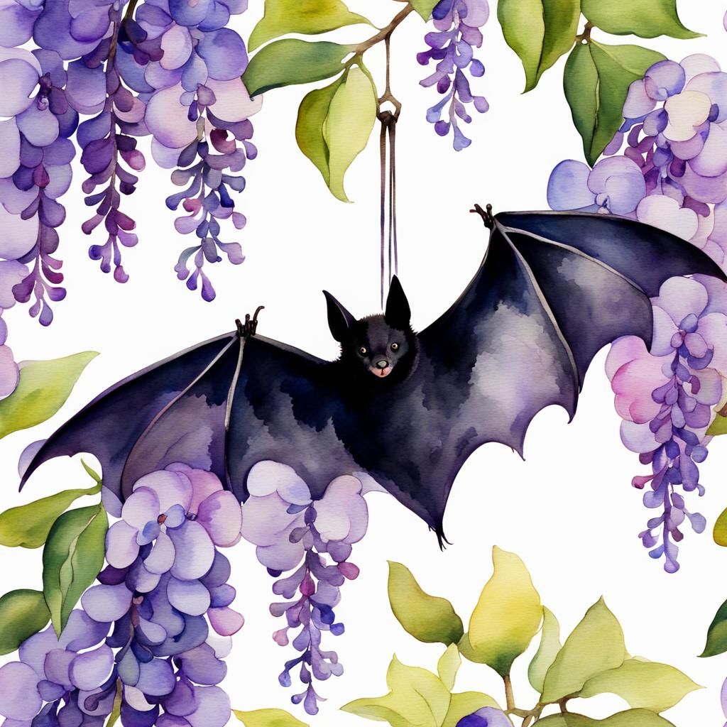 Watercolor Bat Hanging from Wisteria Branch