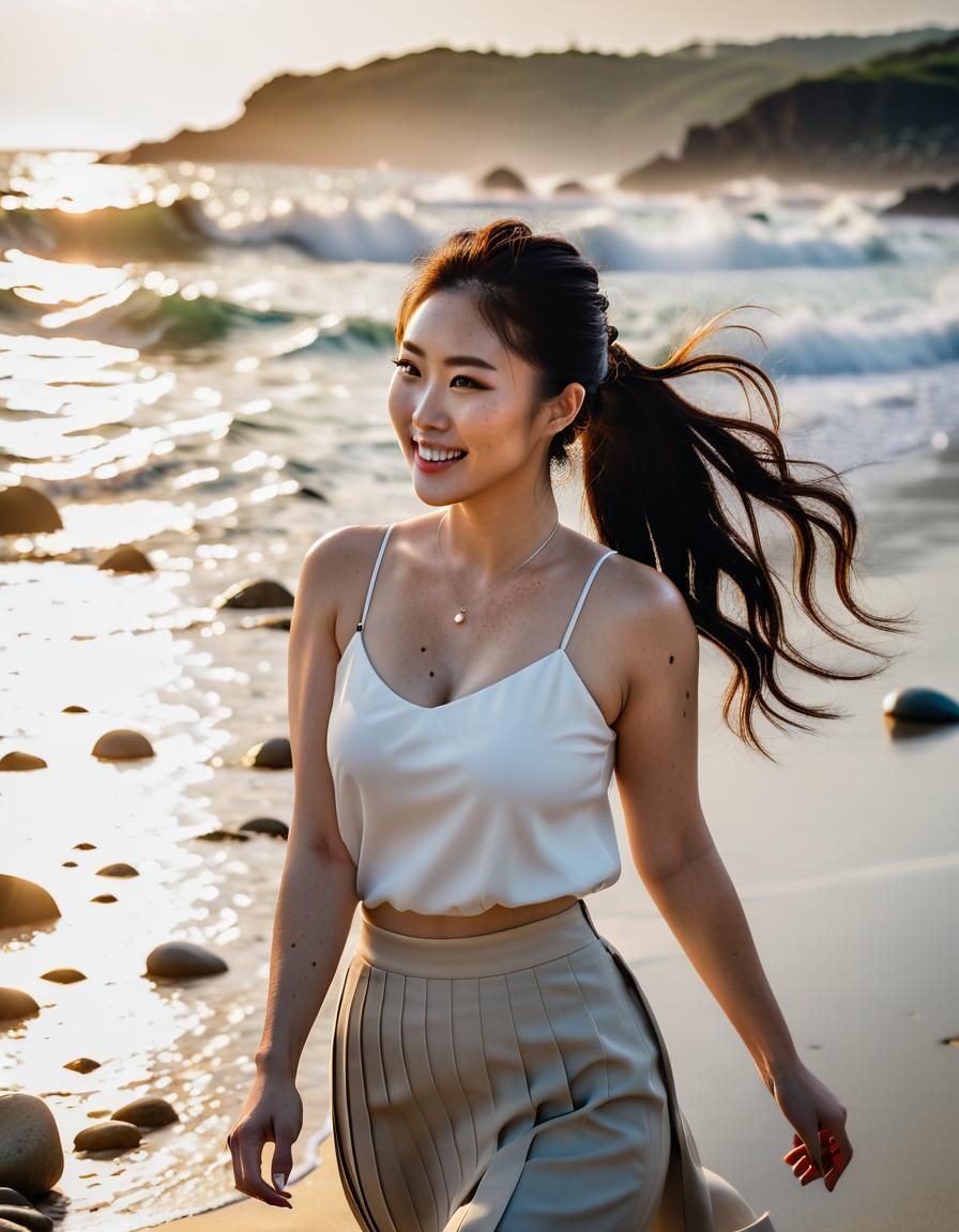 Korean Woman on Beach at Sunrise in Chiaroscuro