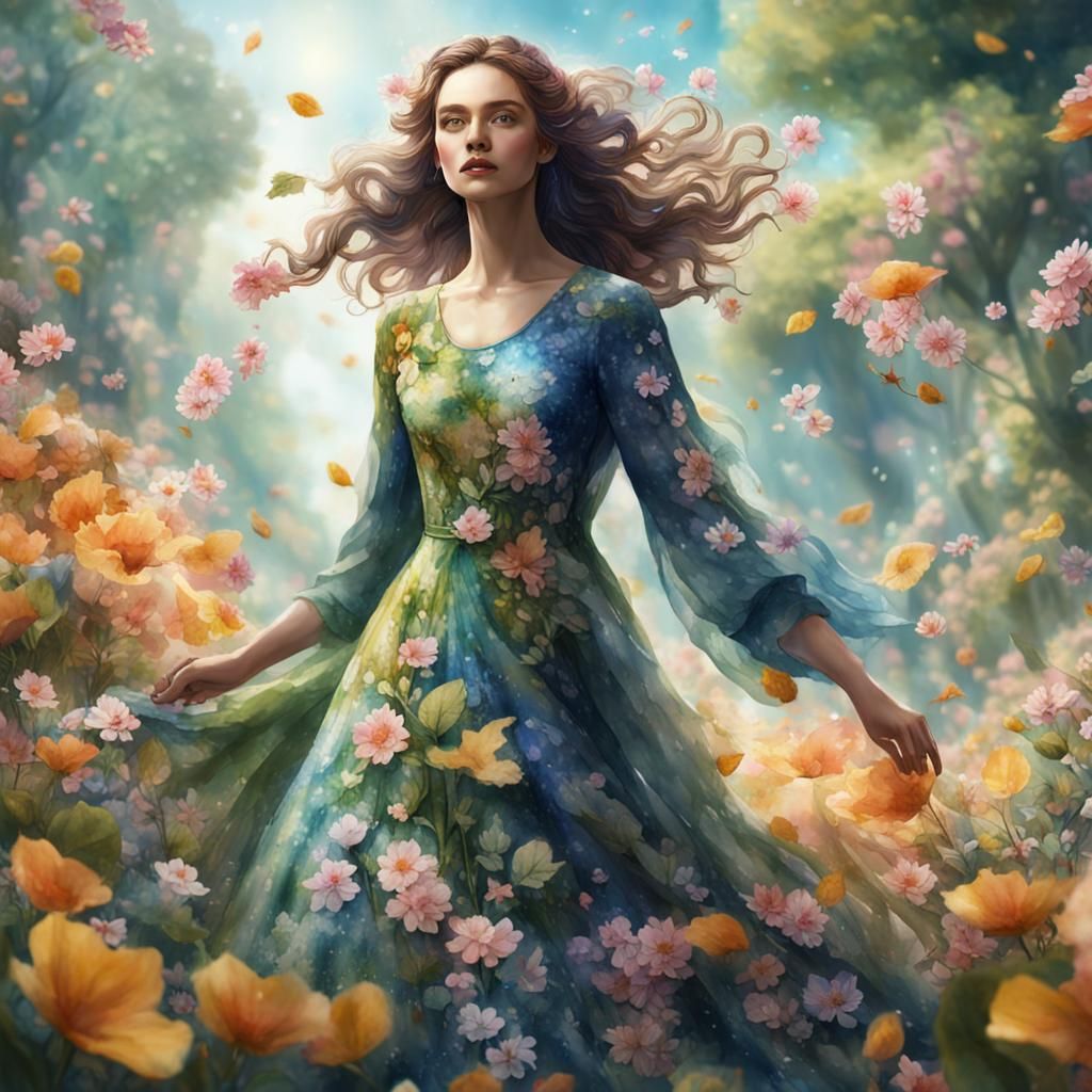 Woman in Spring Flowers Dress: Watercolor Art