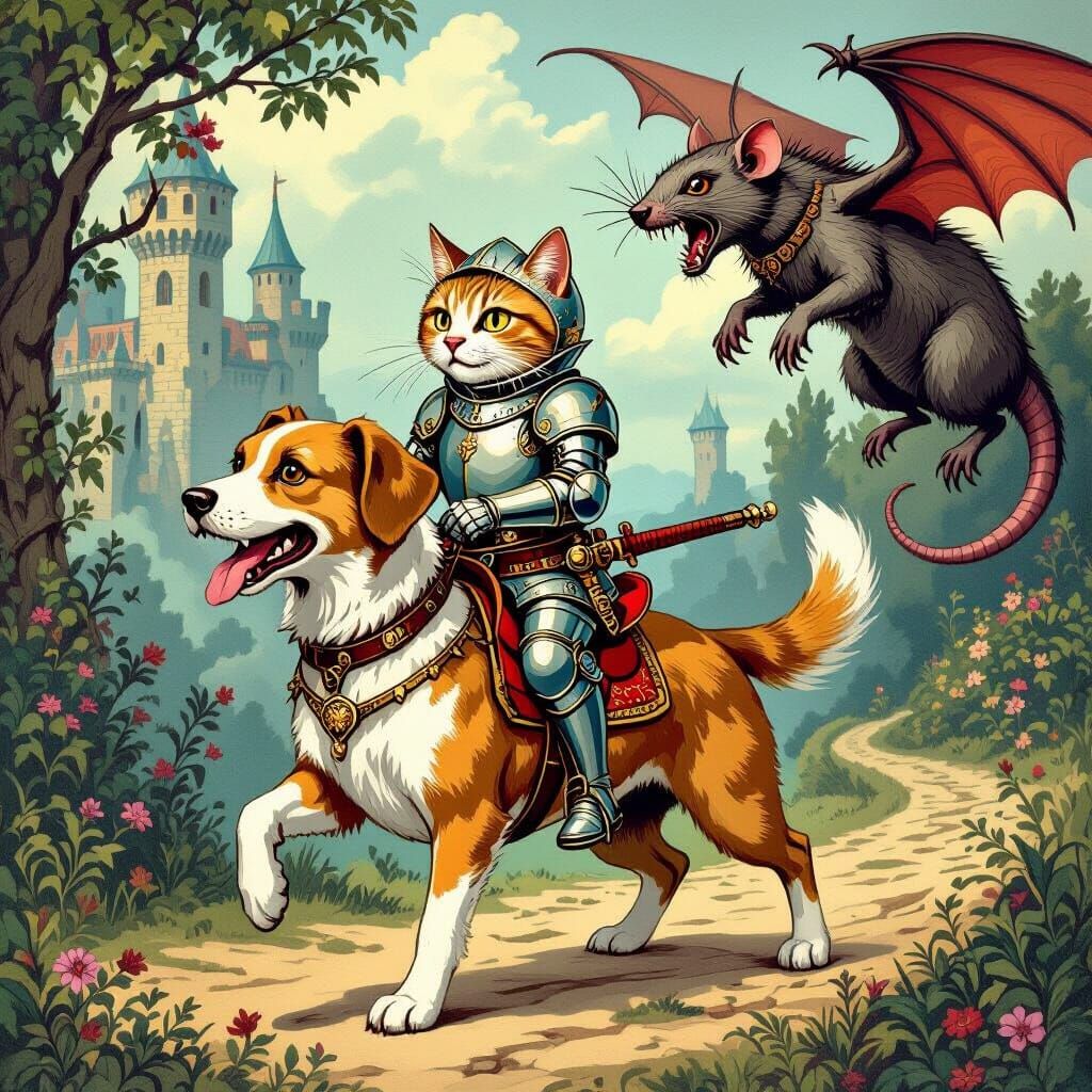 Cat Knight Riding Dog in Fantasy Landscape