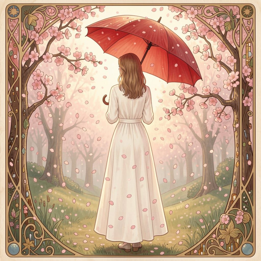 Woman with Red Umbrella Amidst Falling Cherry Blossoms