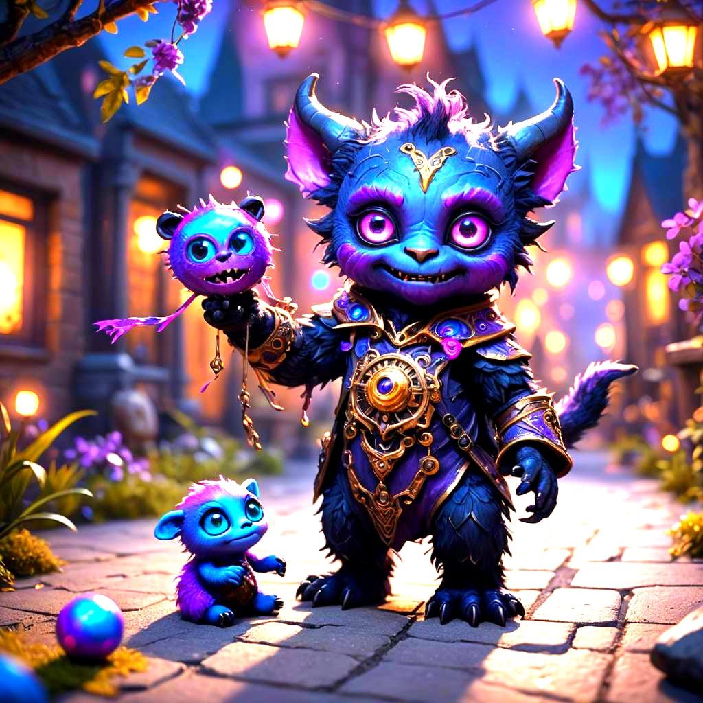 Cute Monster Playing With Puppet Doll at Night