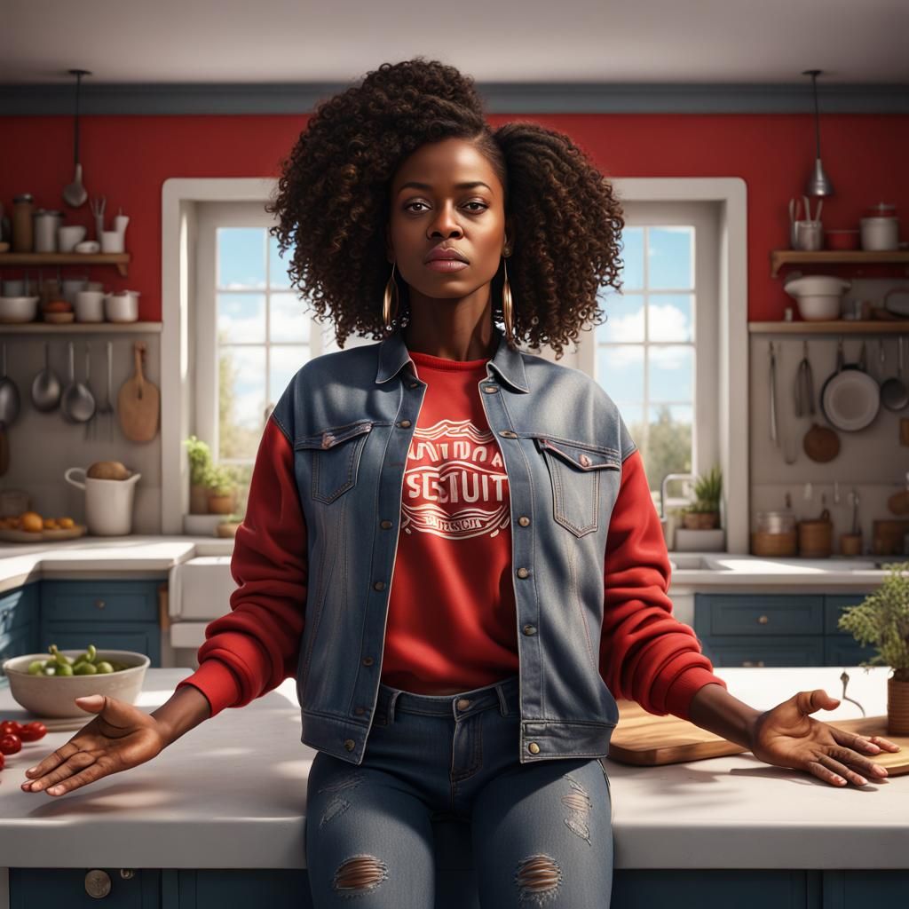 Praying Woman in Fashionable Kitchen, Detailed Matte Paintin...