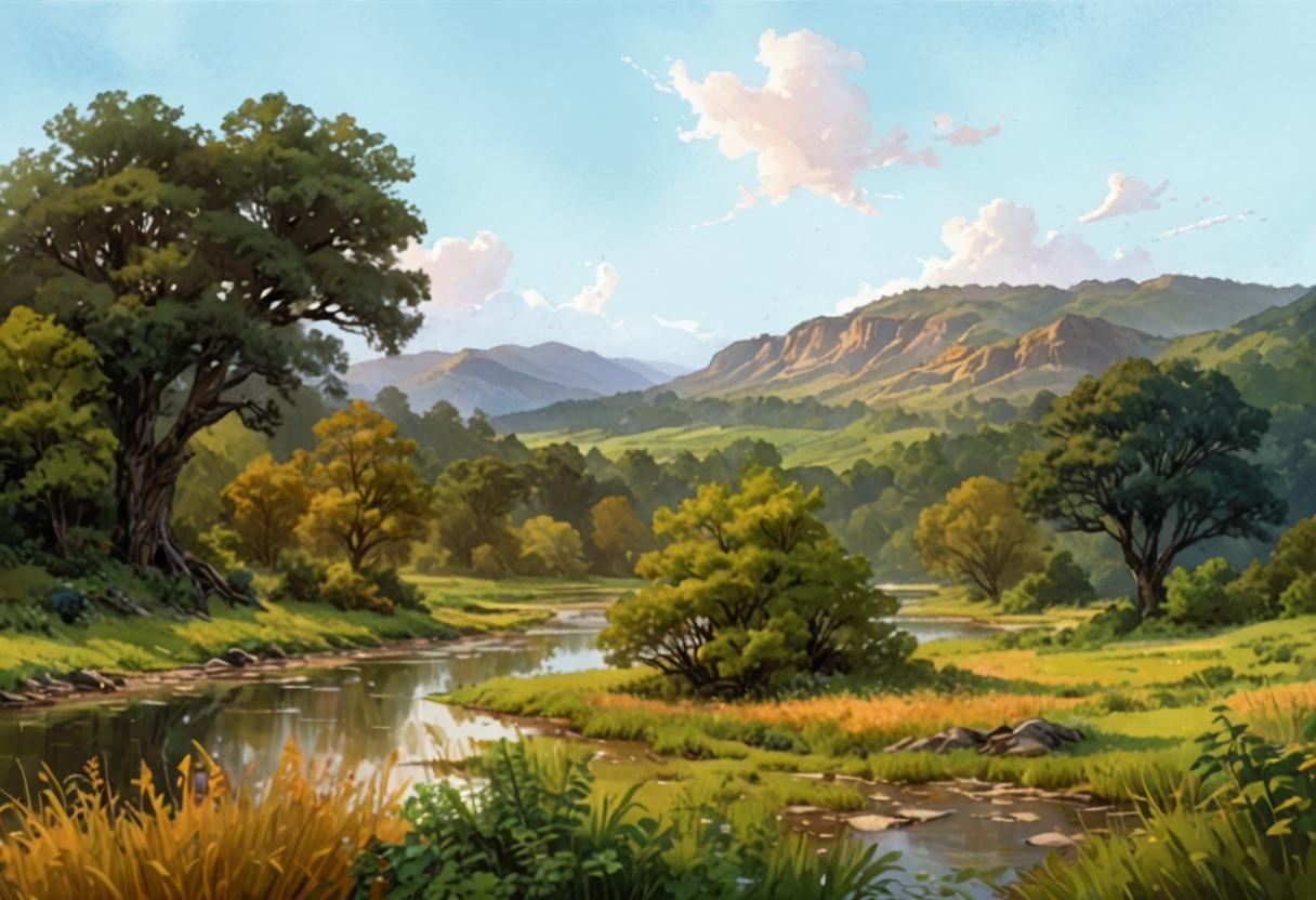 Serene River Landscape in Watercolor Comic Art