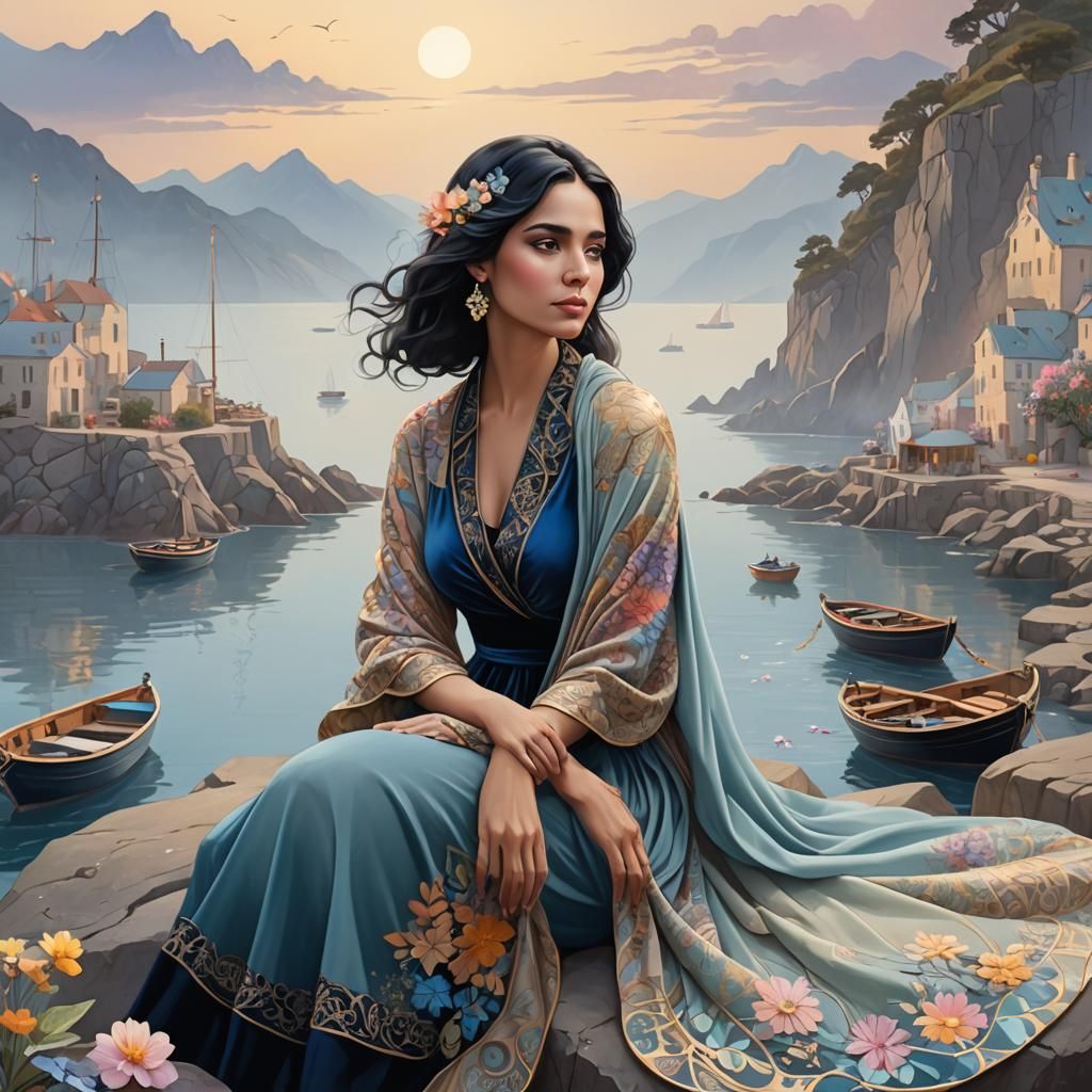 Woman in Blue Velvet Dress by the Sea in Pastel Fractal Art