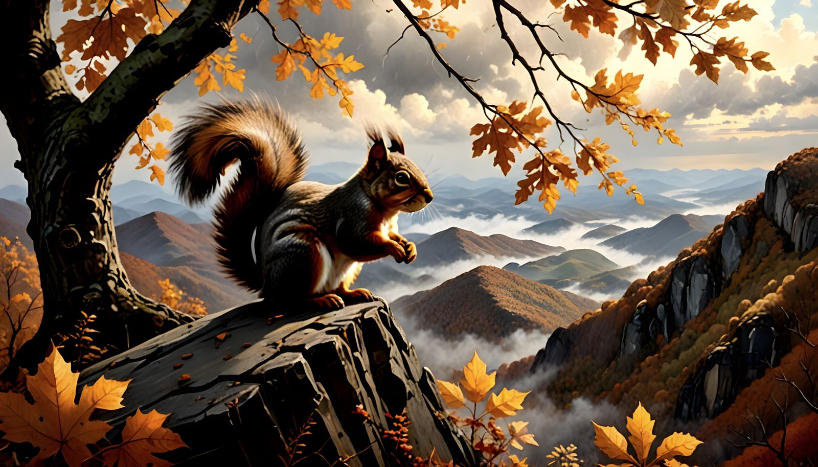 Impressionist Squirrel in Autumn Mountain Landscape