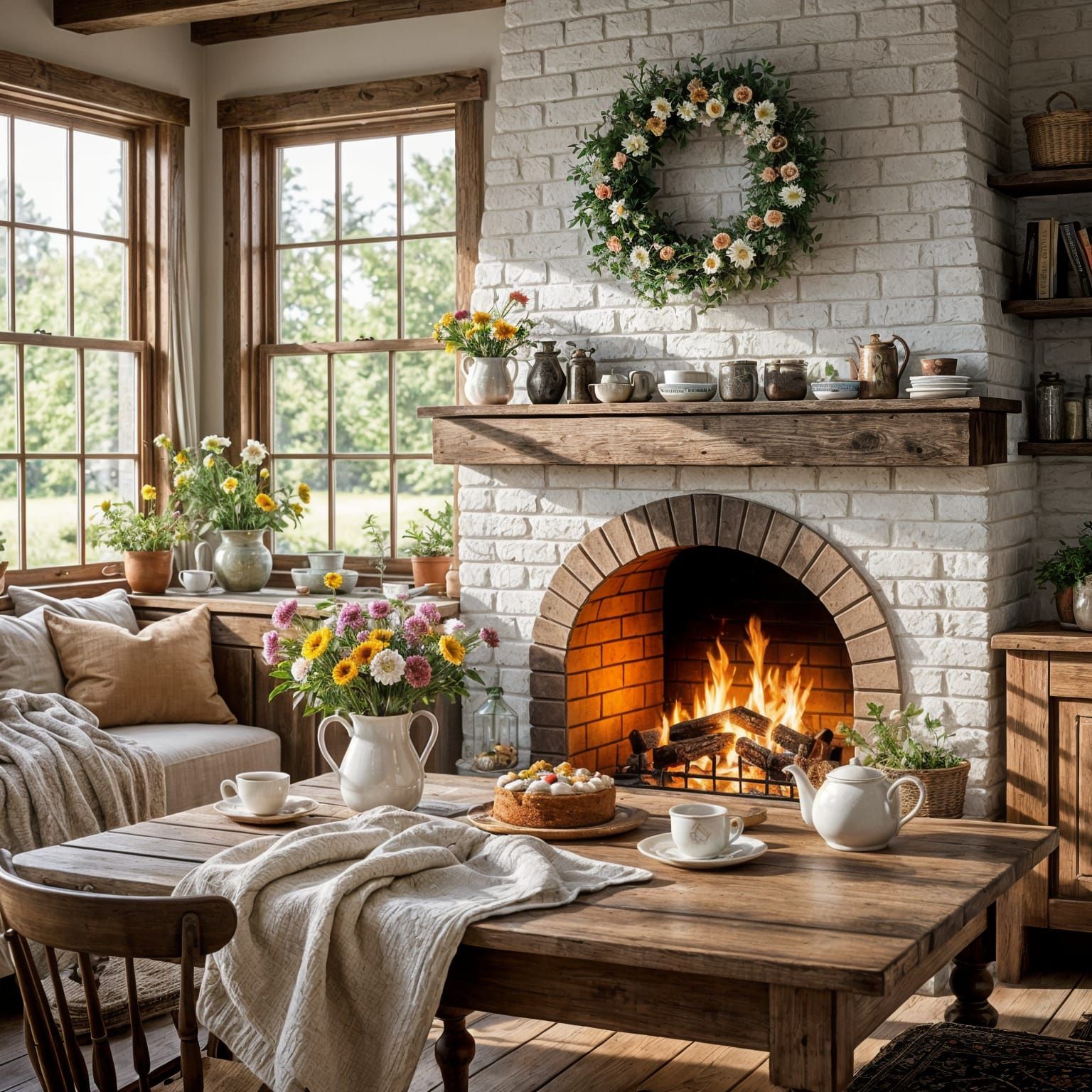 Cozy Cottage Kitchen with Fireplace and Sunshine