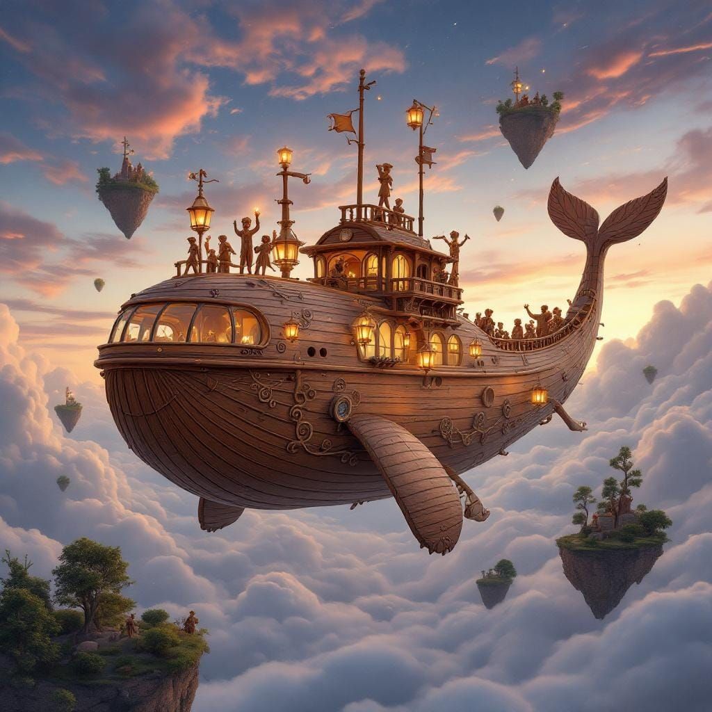 Whimsical Wooden Whale Airship in Art Nouveau Style
