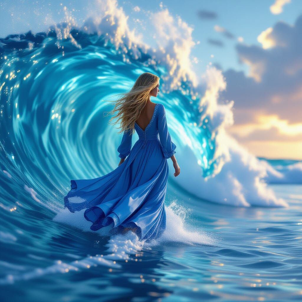 Girl Walking on Water Behind Wave, Detailed Digital Art