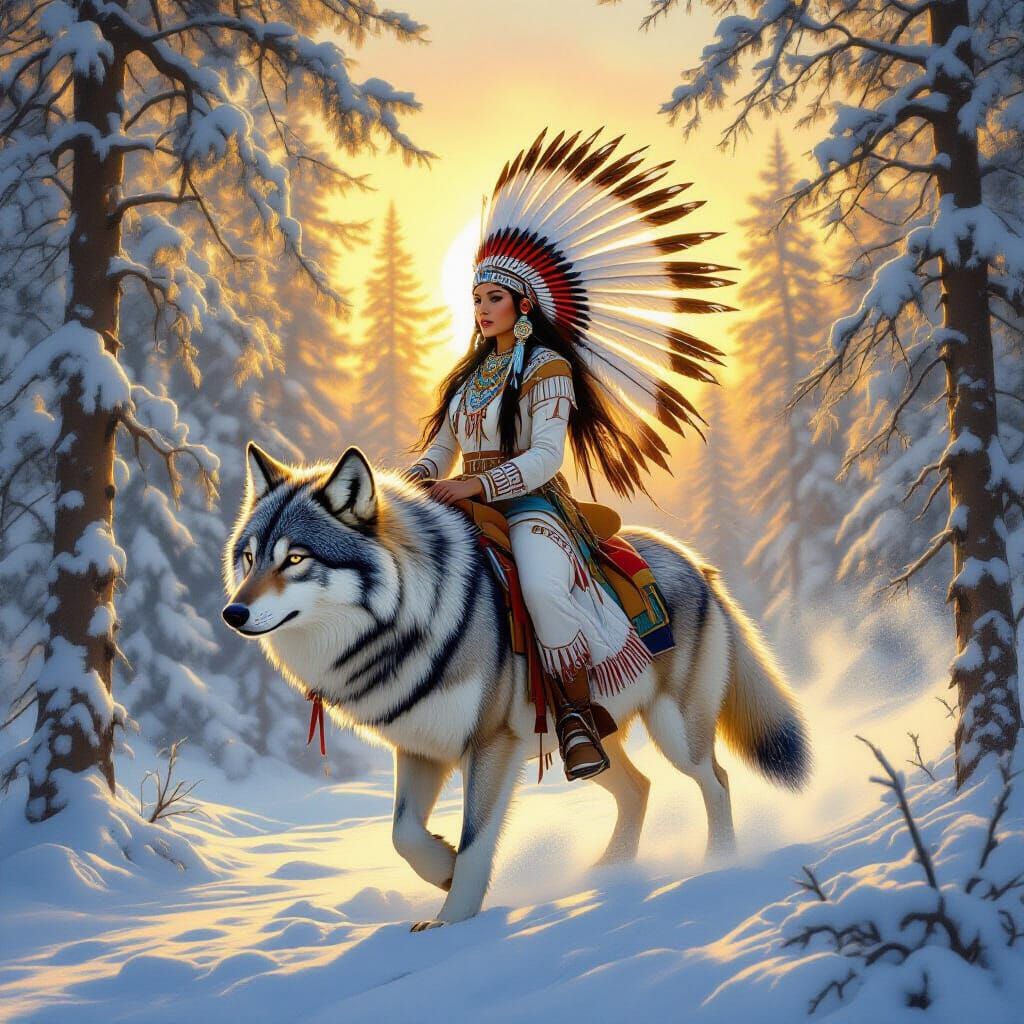 Native Princess on Wolf in Snowy Forest at Dawn