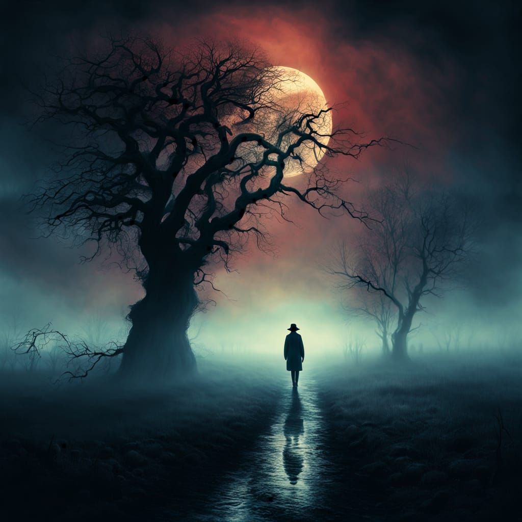 Eerie Figure in Dark Surrealist Oil Painting