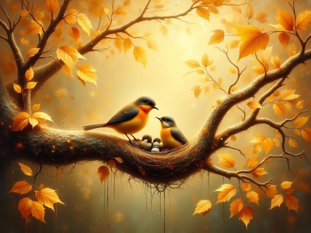 Golden Woodland Birds Nest in Dreamy Autumnal Scene
