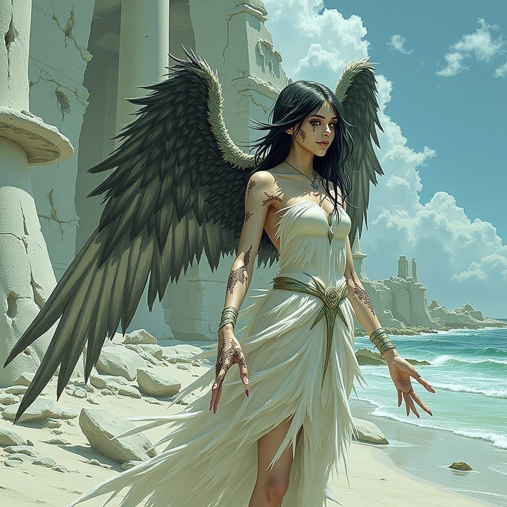 Winged Woman in Collapsed Brutalist Beachscape