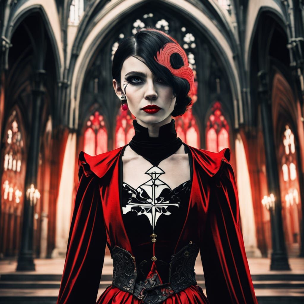 Cyberpunk Vampire Goddess in Velvet Red