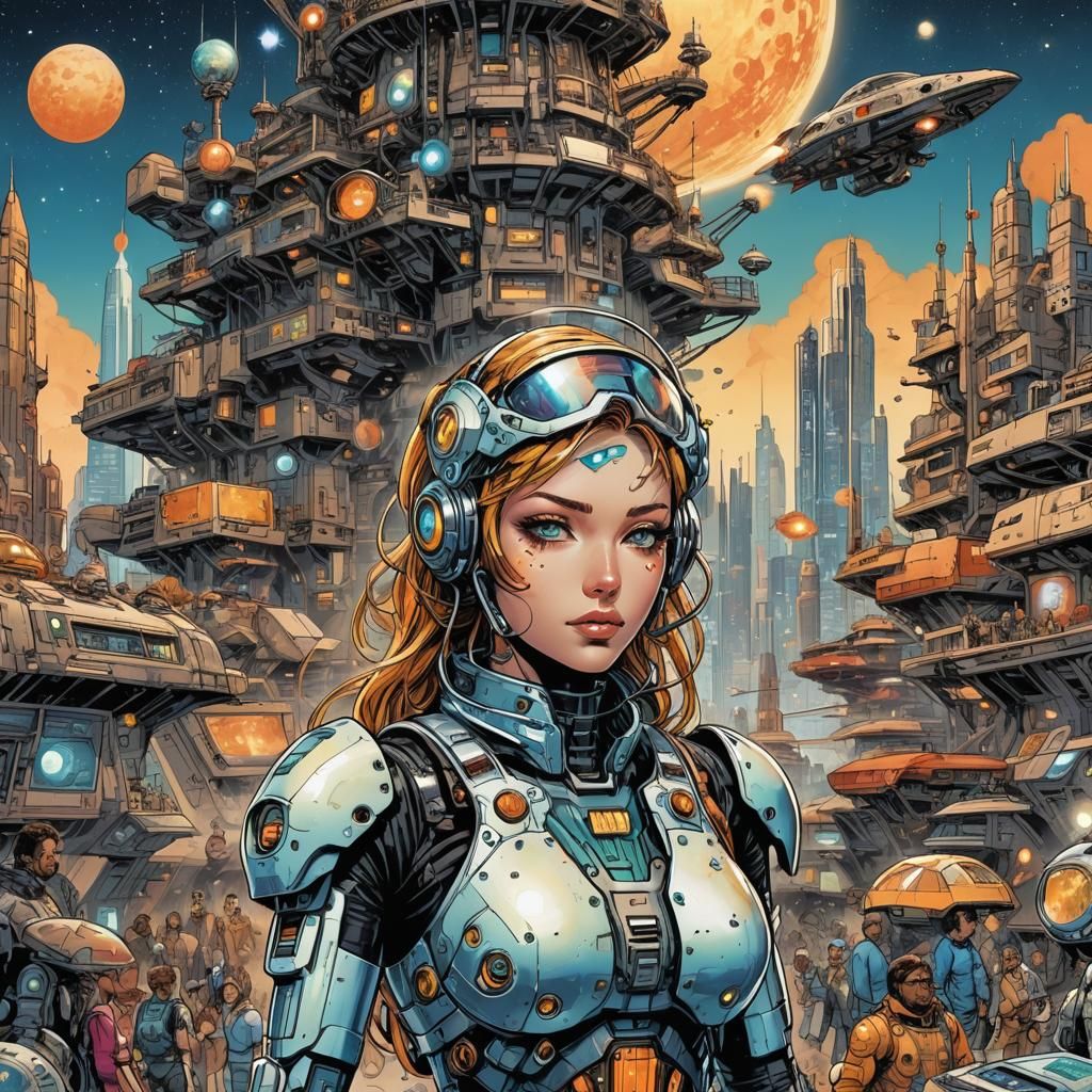 Cyborgs on Vacation in Marsport: Gothic Sci-Fi Art