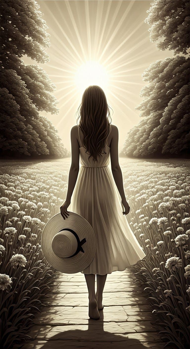 Elegant Woman in Ink Drawing with Sunshine Rays