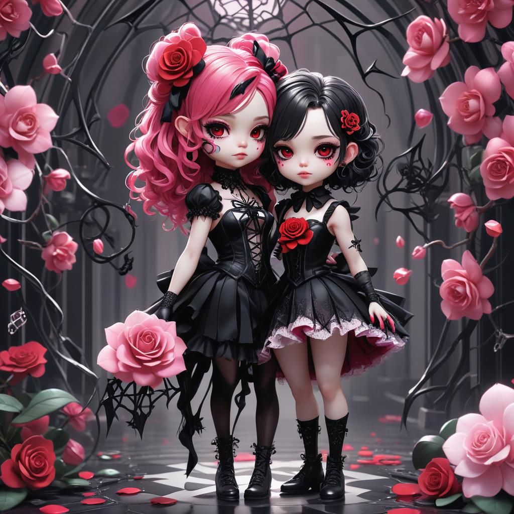 Chibi Gothic Burlesque with Roses and Spiderwebs in 3D Anime