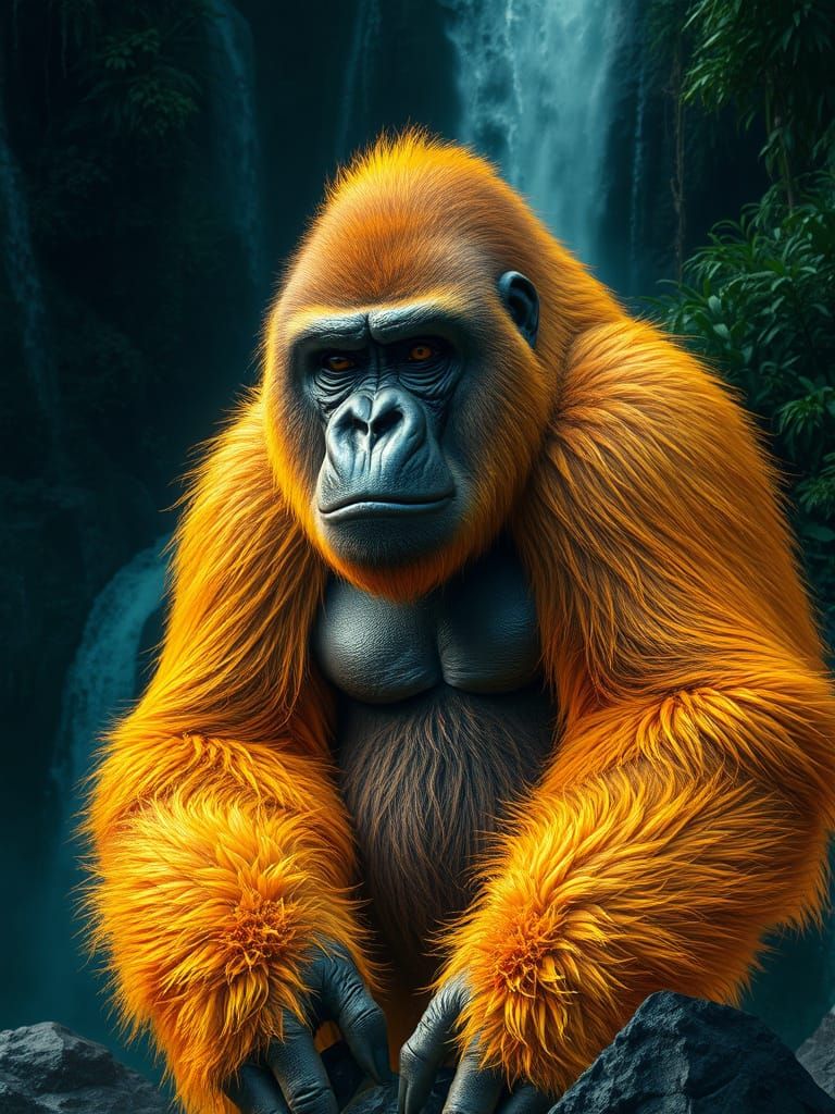 Golden Gorilla Overlooking Emerald Waterfalls