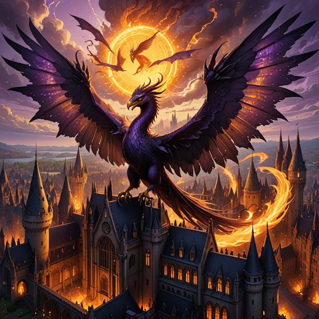 Dragon and Phoenix Fly Over Hogwarts, Fantasy Art