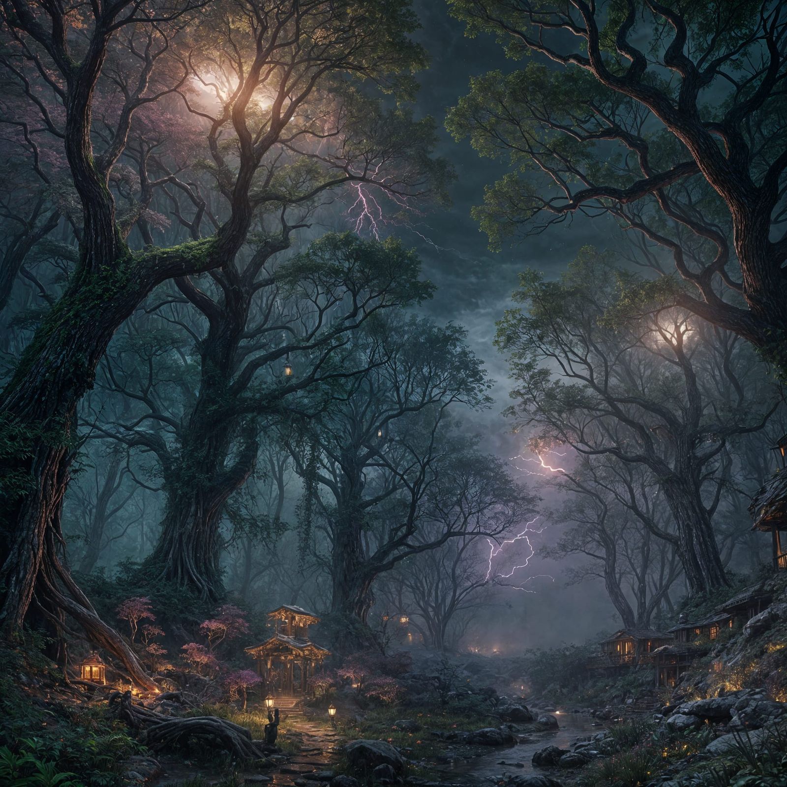Night Forest Thunderstorm in Detailed Matte Painting Style
