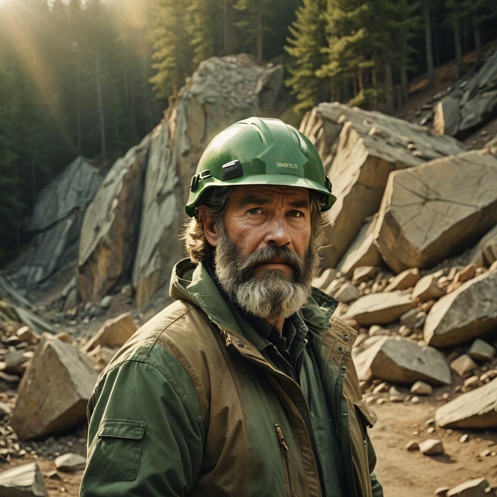 Geologist Balances Helmet in Cinematic Mountain Scene