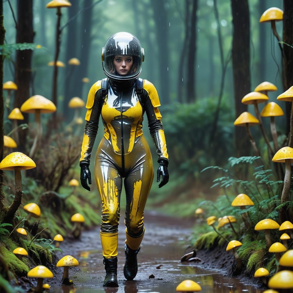 Curvy Woman in Latex Suit Among Giant Mushrooms