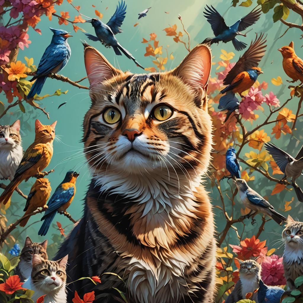 Hyperrealistic Cats Hunting Birds: Splash Art