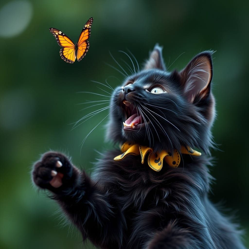 Joyful Feline in Jester's Collar Leaps for Joy