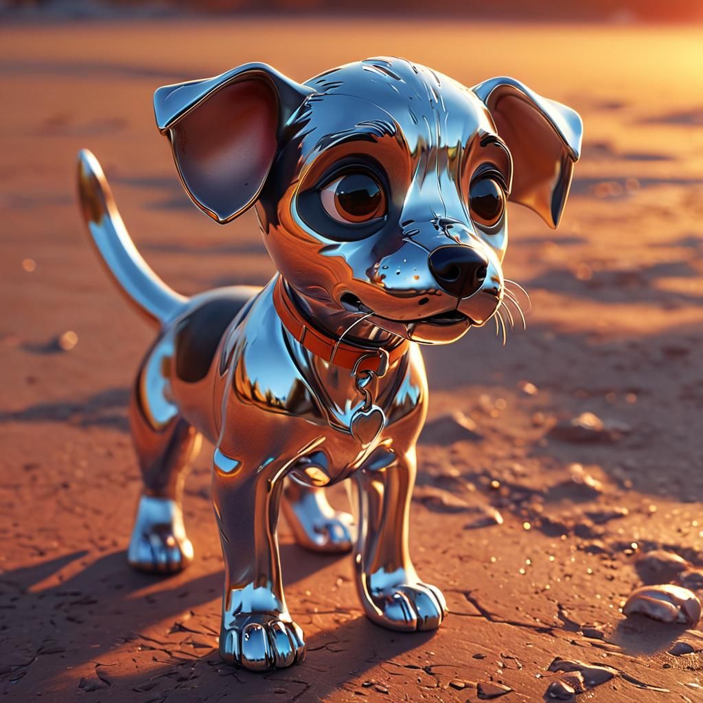 chrome material pupy dog,sunset , Pixar, Disney, concept art, 3d digital art, Maya 3D, ZBrush Central 3D shading, bright...