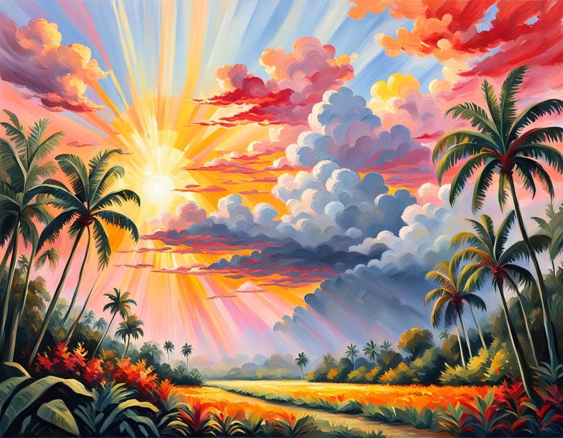 Tropical Crepuscular Rays in Impressionist Gouache Style
