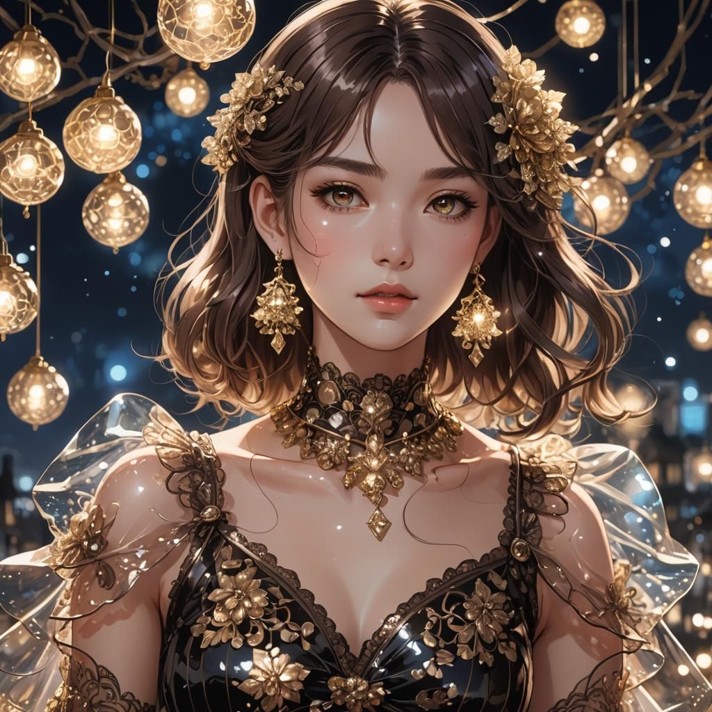 Woman in Truffle Dress, Anime Style Portrait